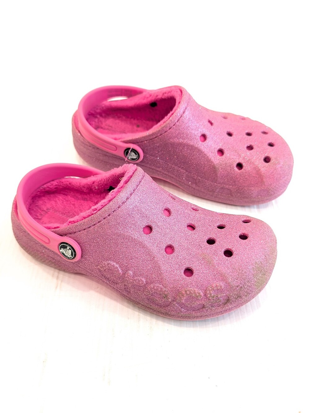 CROCS Girls Pink Glitter Fleece-Lined Clogs Size 3